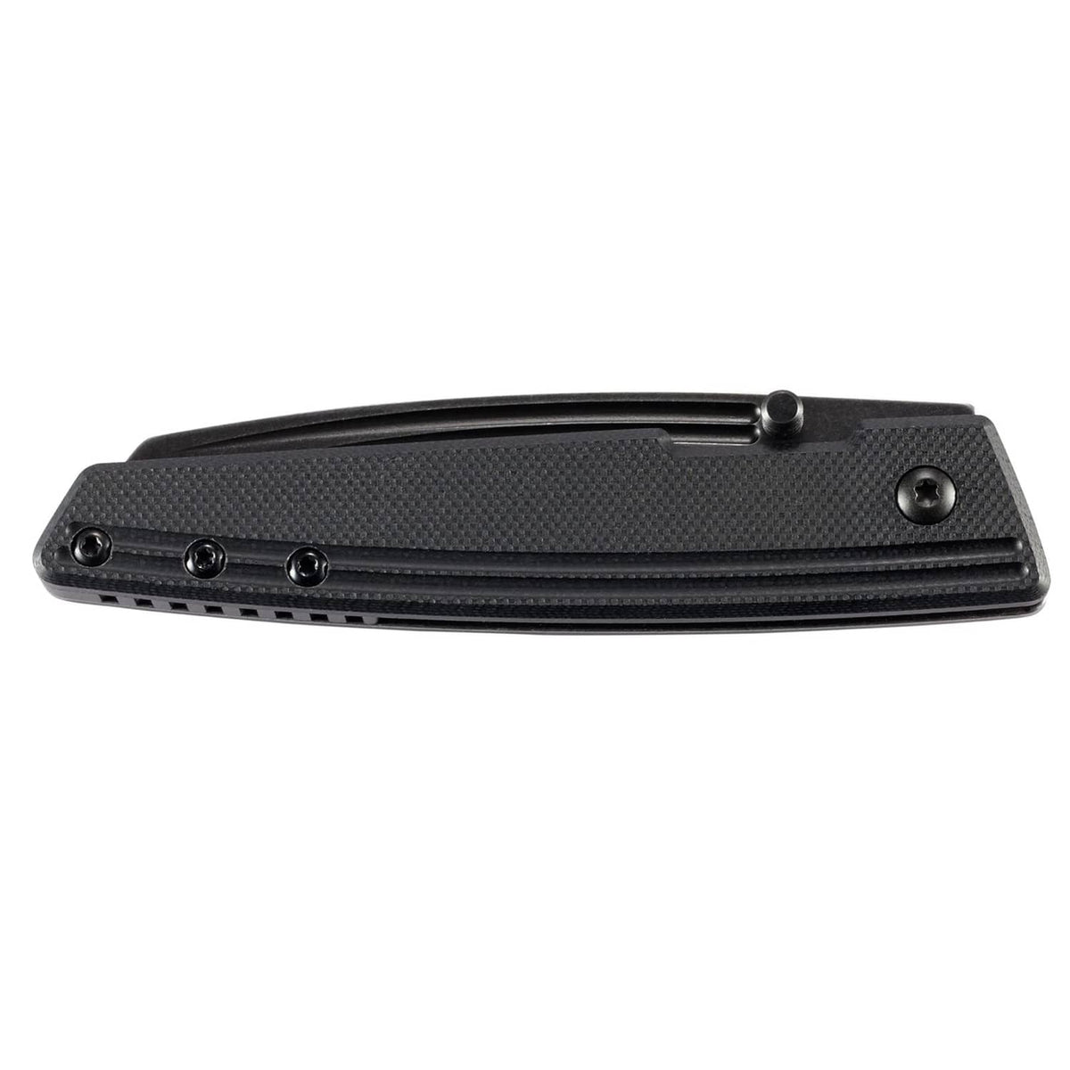 CRKT Inara folding knife rear view, black textured scales with pocket clip