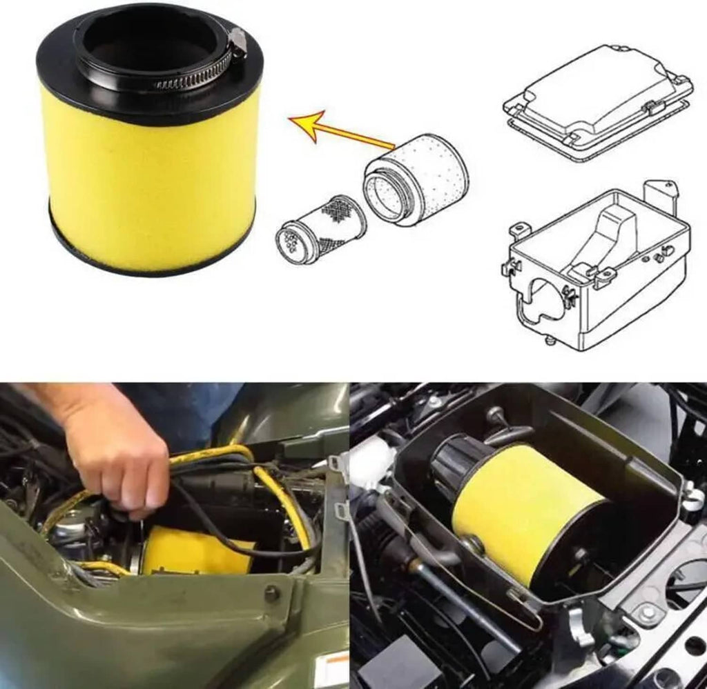 ATV air filter with yellow foam element, clamp band, and exploded parts diagram