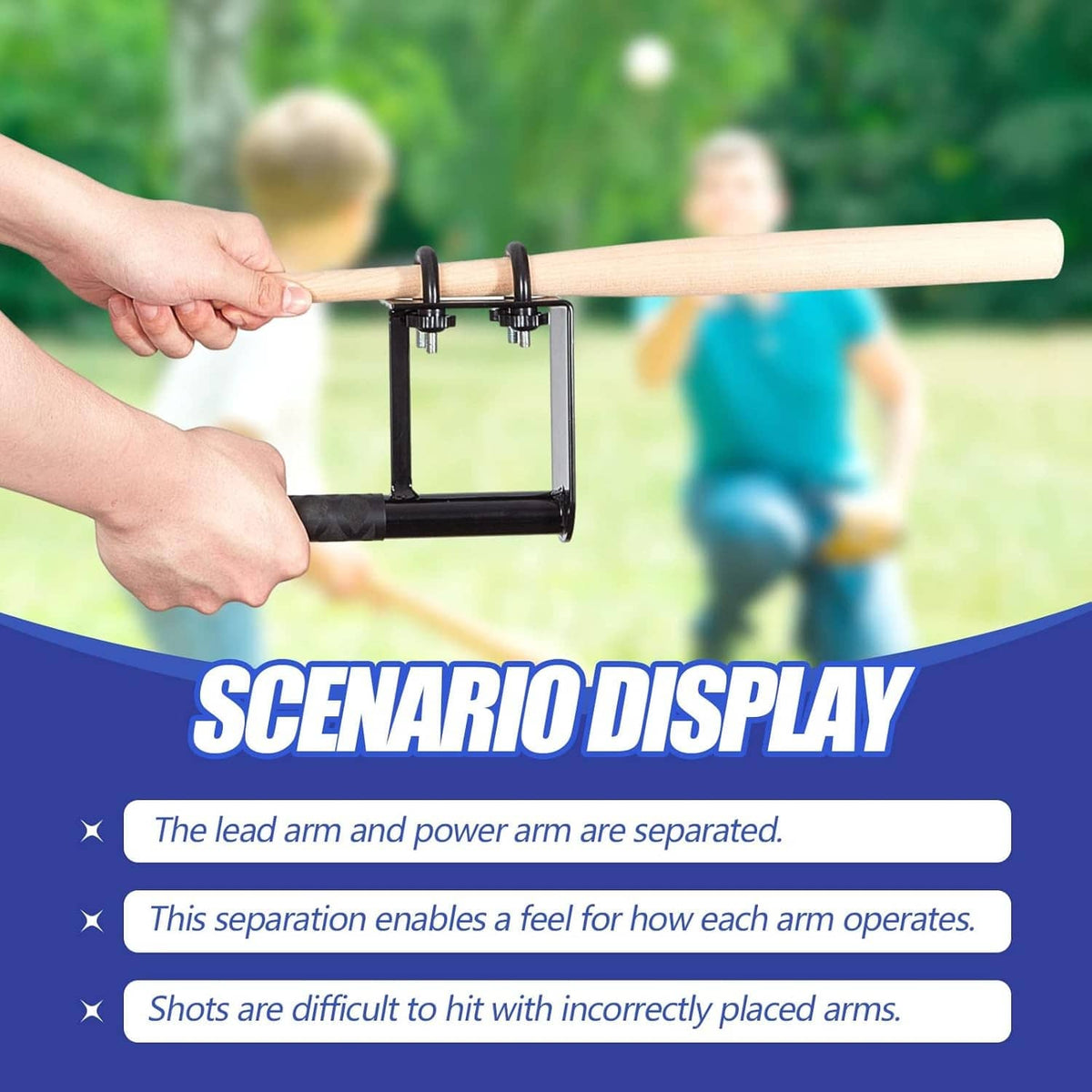 Hands adjusting a black swing trainer frame on a light wood bat