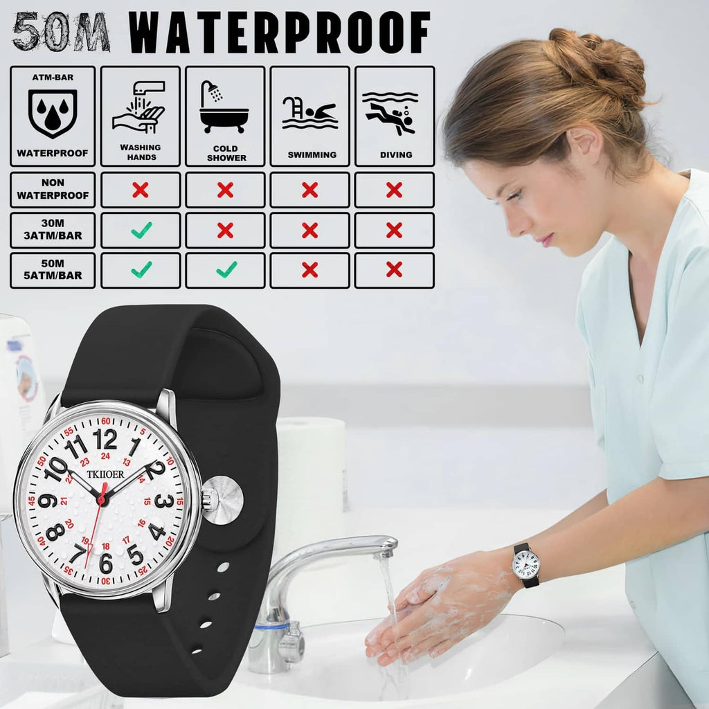 Waterproof nurse watch on black silicone strap, silver round case with analog face