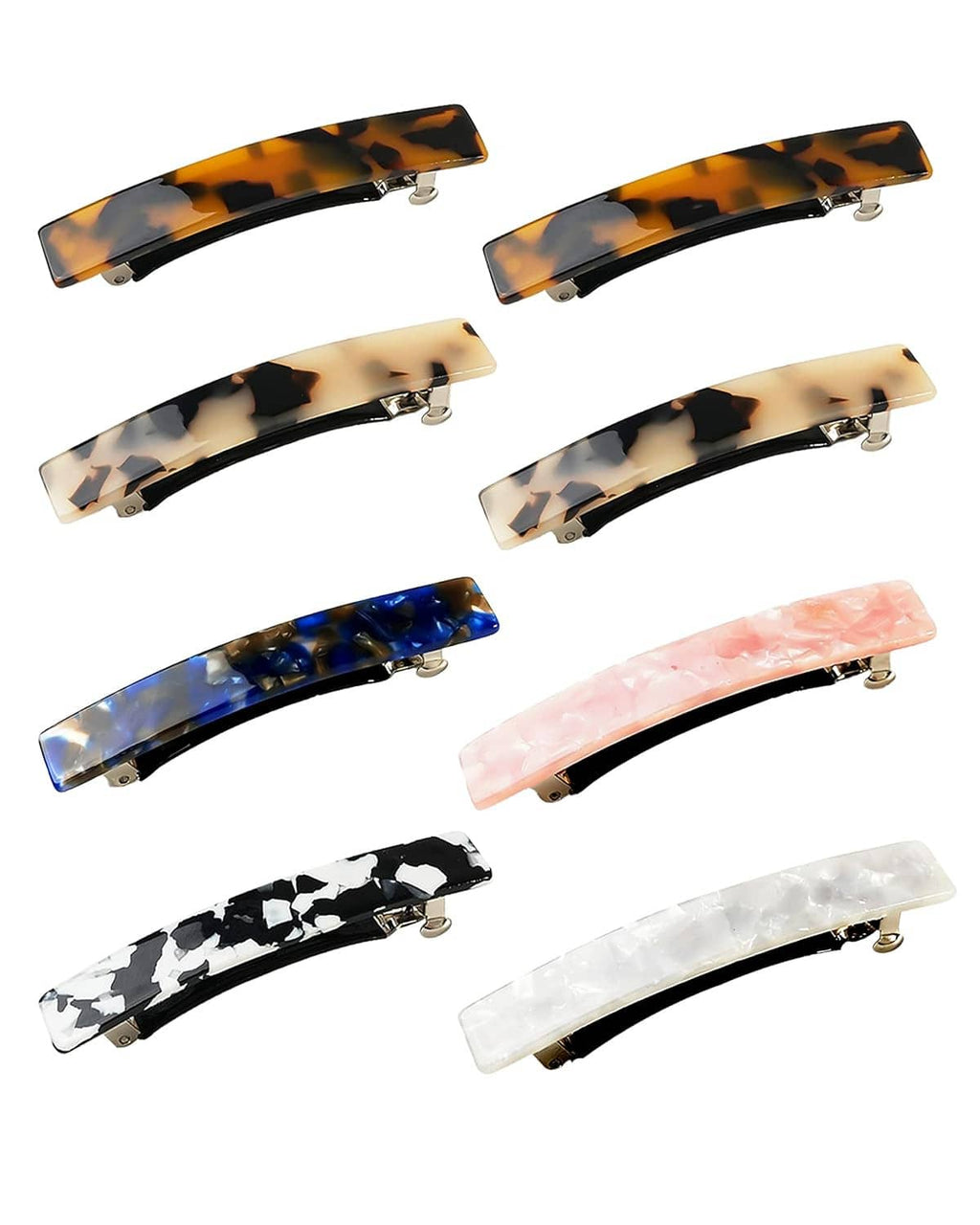 Multiple hair barrettes with spring clips in tortoiseshell, blue, pink, black/white, and clear.