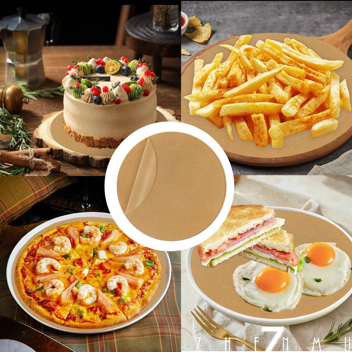Brown unbleached parchment paper round placed on top of food servings
