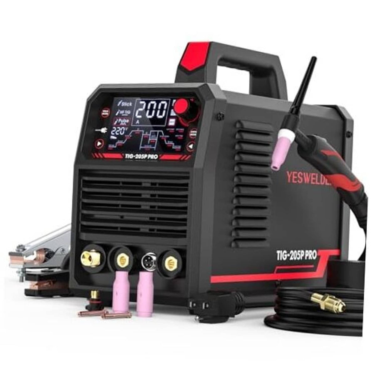 Pulsed TIG welder with large LED display, front controls, and TIG torch