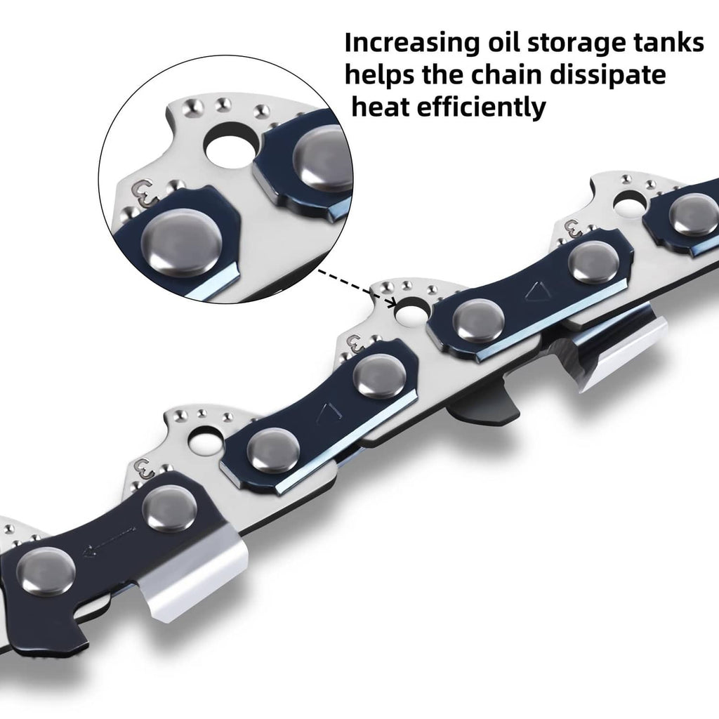 Chainsaw chain with rivets and cutters, oil storage channel detail