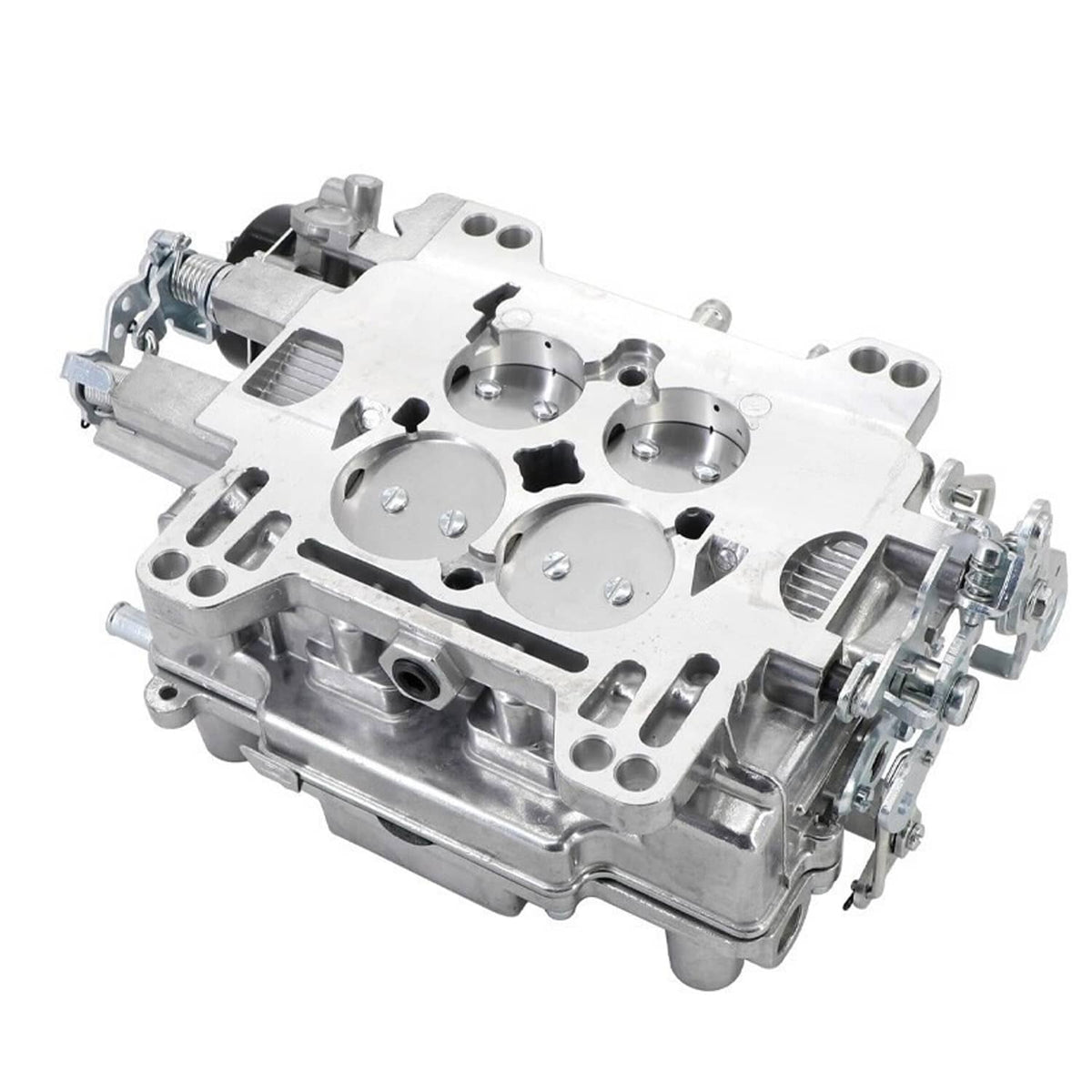 Four-barrel carburetor intake manifold side, silver aluminum body with mounting details.