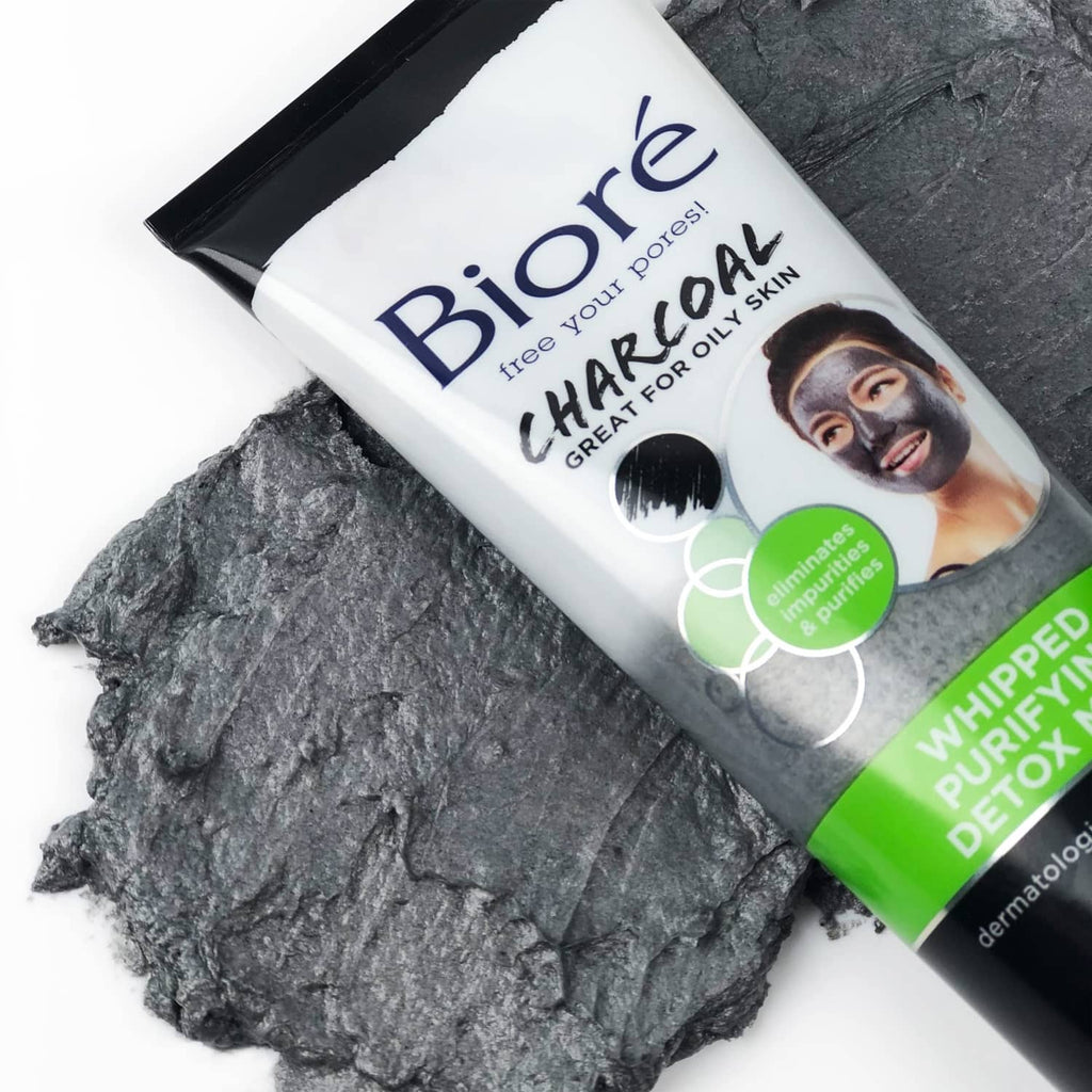 Biore charcoal whipped detox mask tube with charcoal lumps and green graphic