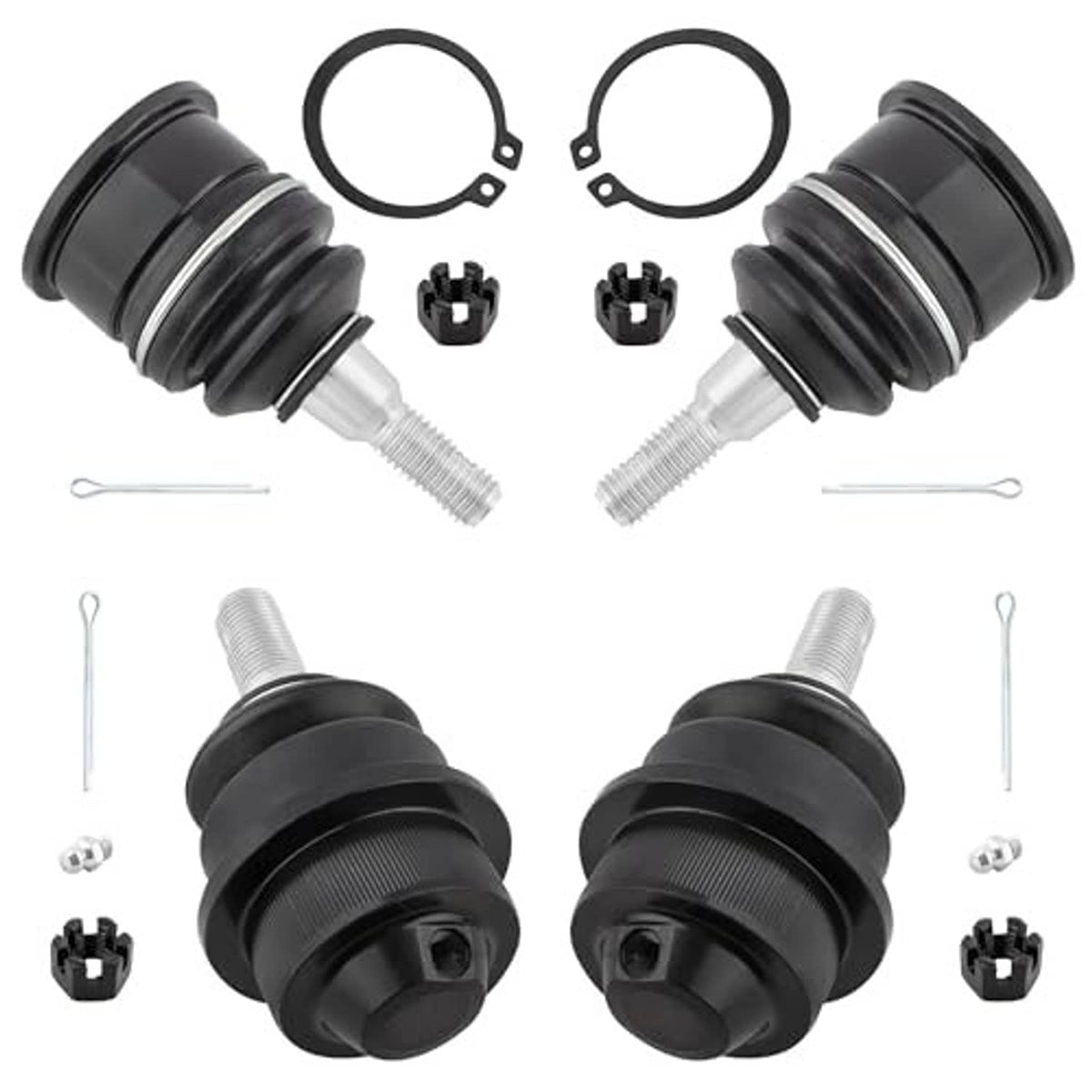 Front ball joint kit set (4) with black boots, cotter pins, clips and rings