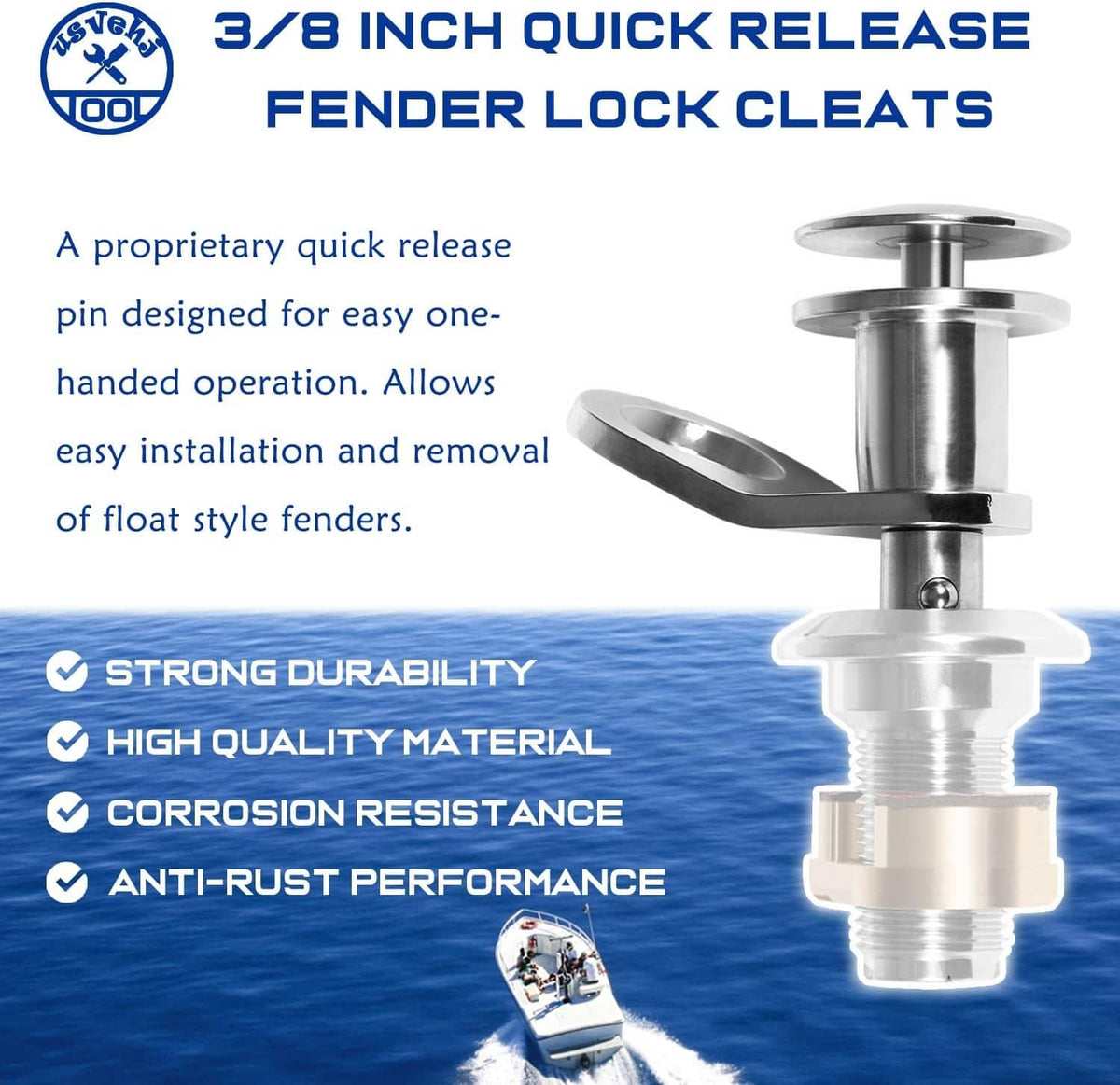Stainless steel quick-release fender lock cleat with forked arm and threaded base