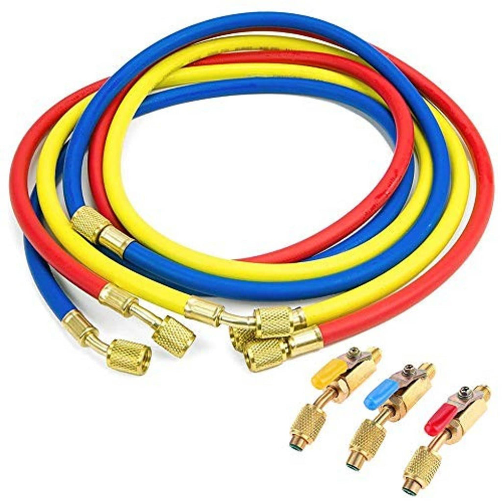 Refrigerant charging hose kit with coiled blue, yellow, and red hoses and brass connectors