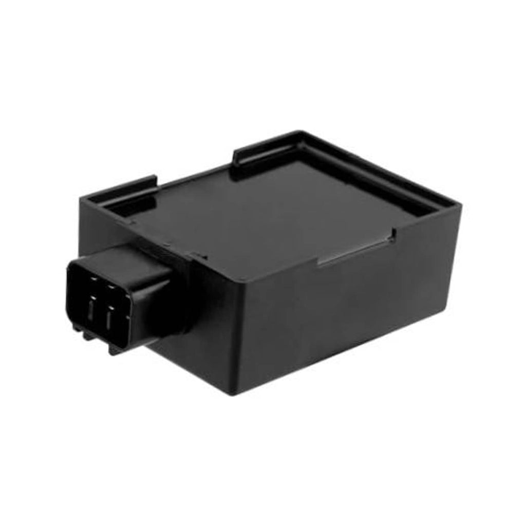Black CDI ignition box module with 4-pin electrical connector, angled view