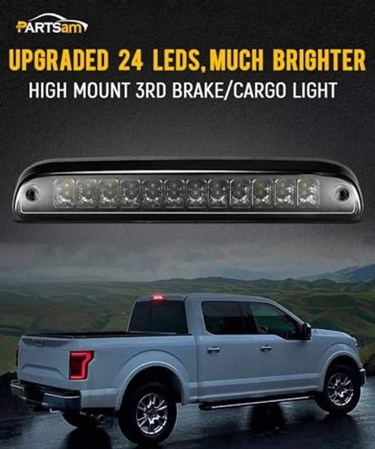LED third brake light bar, chrome housing, smoke lens with white LEDs on