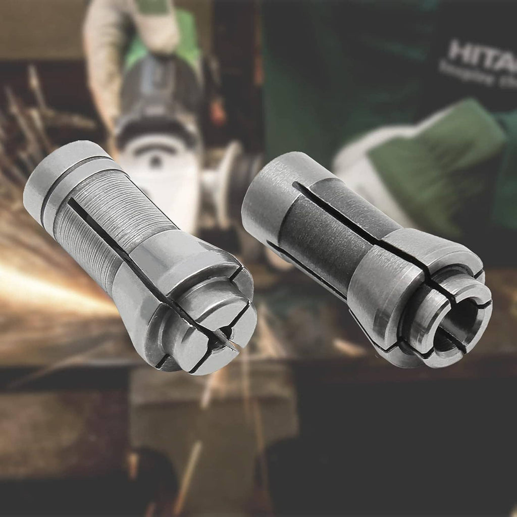 Die grinder collet set in silver and dark metal, angled view of chuck openings
