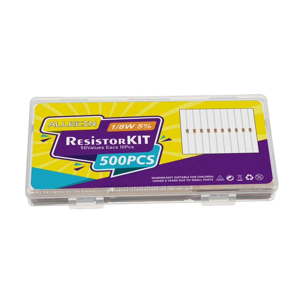 Resistor assortment kit case labeled 500pcs 1/8W 5% with assortment diagram