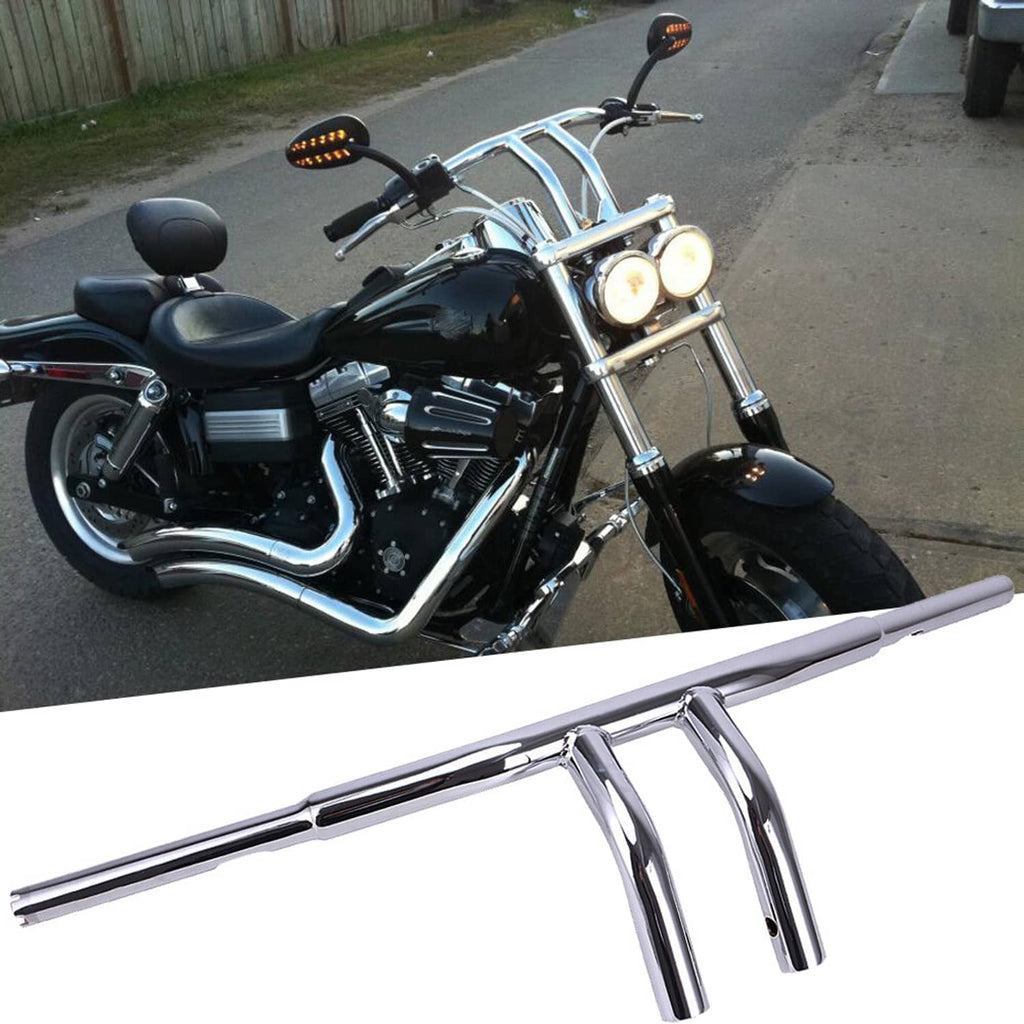 Chrome drag handlebars with T-bar risers and mounted controls on a motorcycle