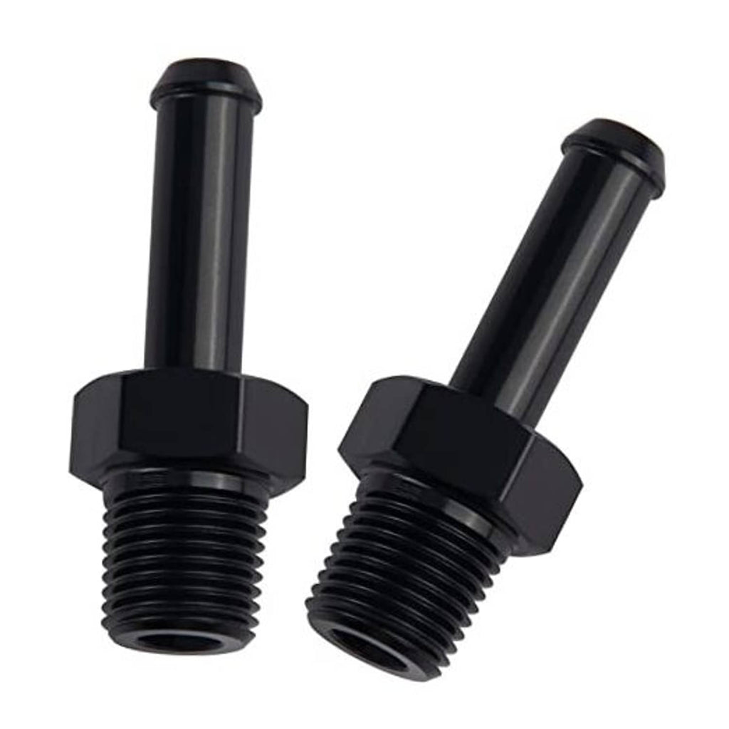Straight black NPT-to-barb fitting adapter showing threaded inlet and barbed outlet