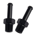 Straight black NPT-to-barb fitting adapter showing threaded inlet and barbed outlet