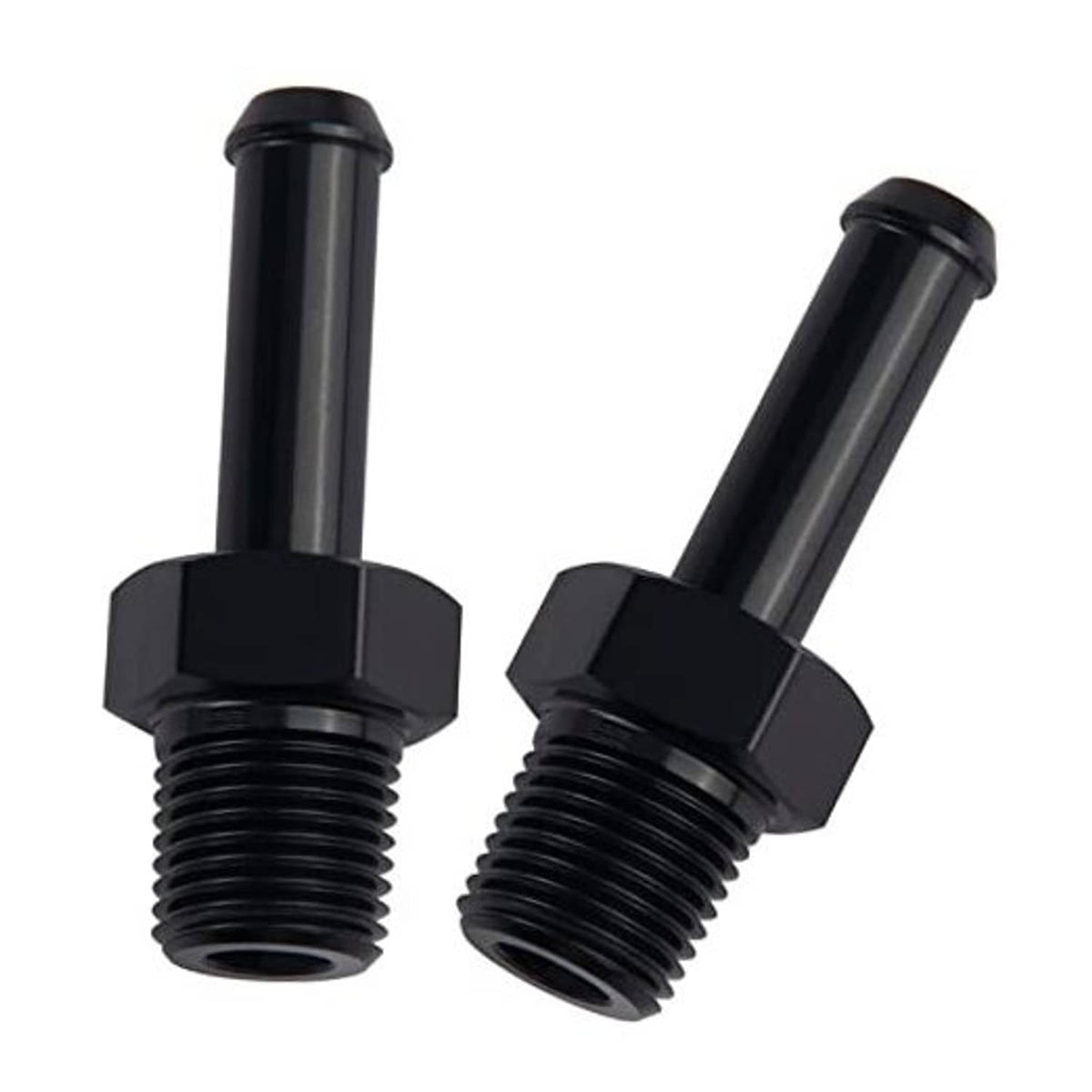 Straight black NPT-to-barb fitting adapter showing threaded inlet and barbed outlet