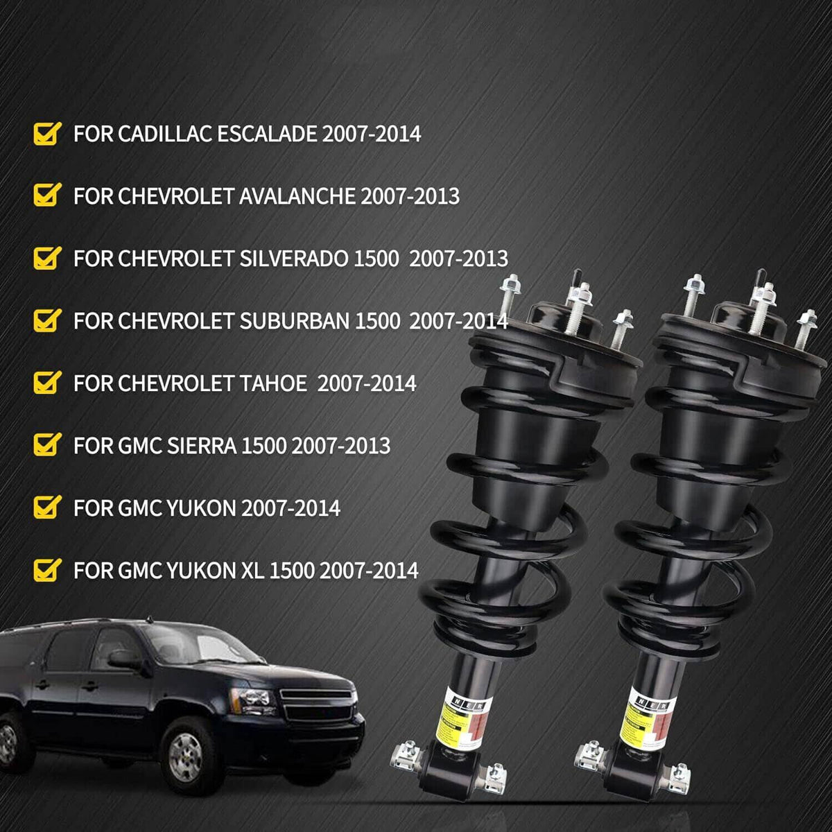 Set of front shock struts with black coil springs and top mounting brackets