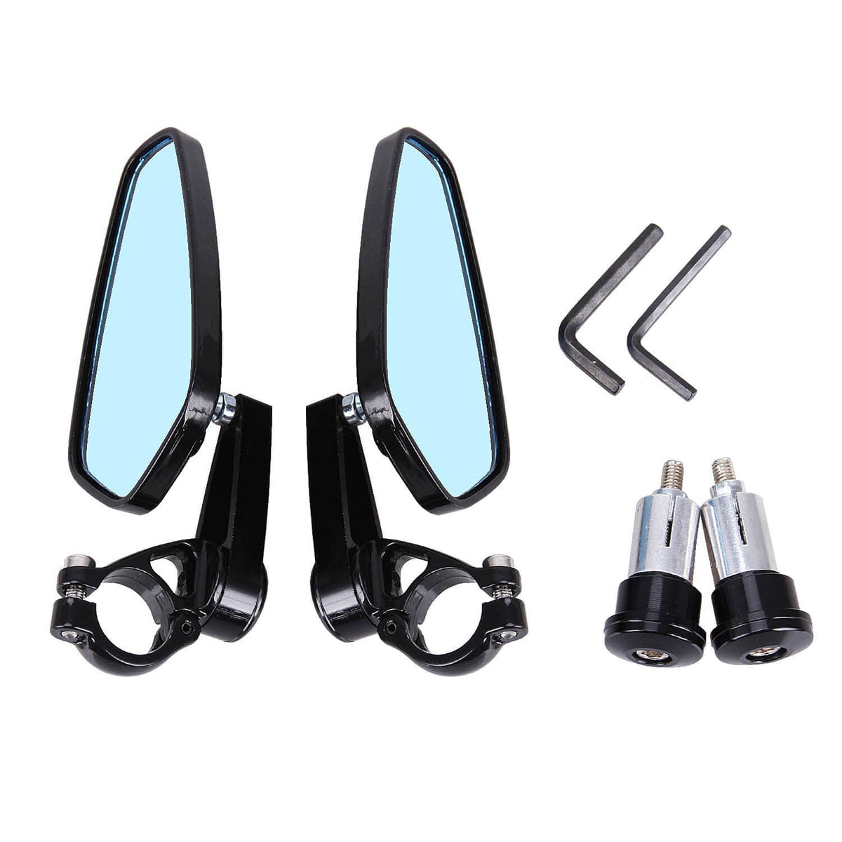 Universal motorcycle bar-end rearview mirrors with blue glass, black clamps, and metal adapters