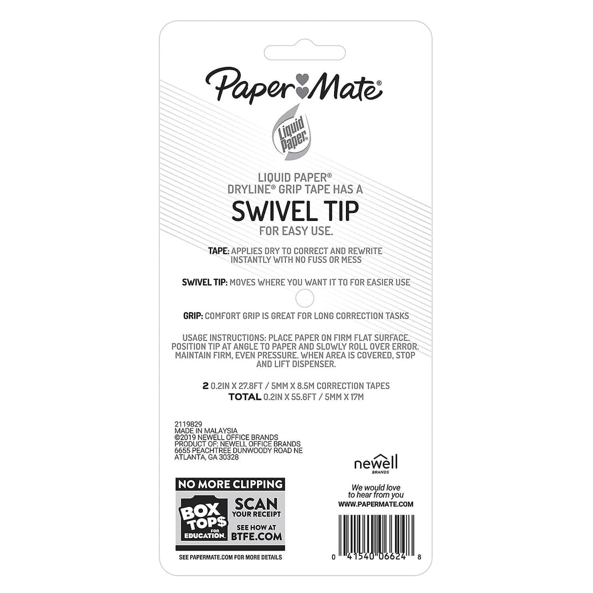 Paper Mate correction tape package back with feature text, barcode, and details