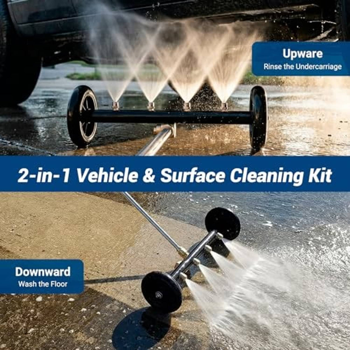 Undercarriage pressure washer cleaner kit spraying upward jets beneath a vehicle