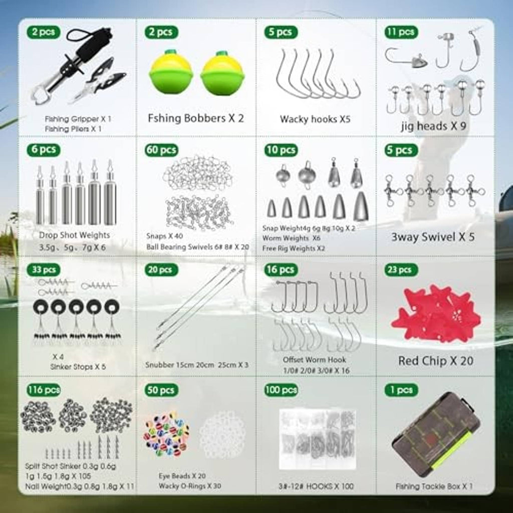 Fishing accessory assortment card showing multiple hook, weight and swivel sets by count