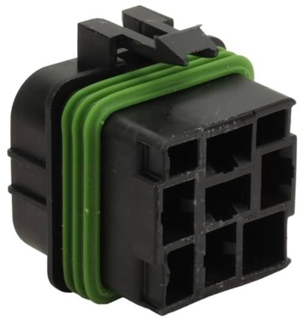 Automotive relay socket housing with green wiring seals and black multi-slot interior
