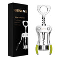 Beneno wing corkscrew wine opener with green grips, chrome finish, on display box