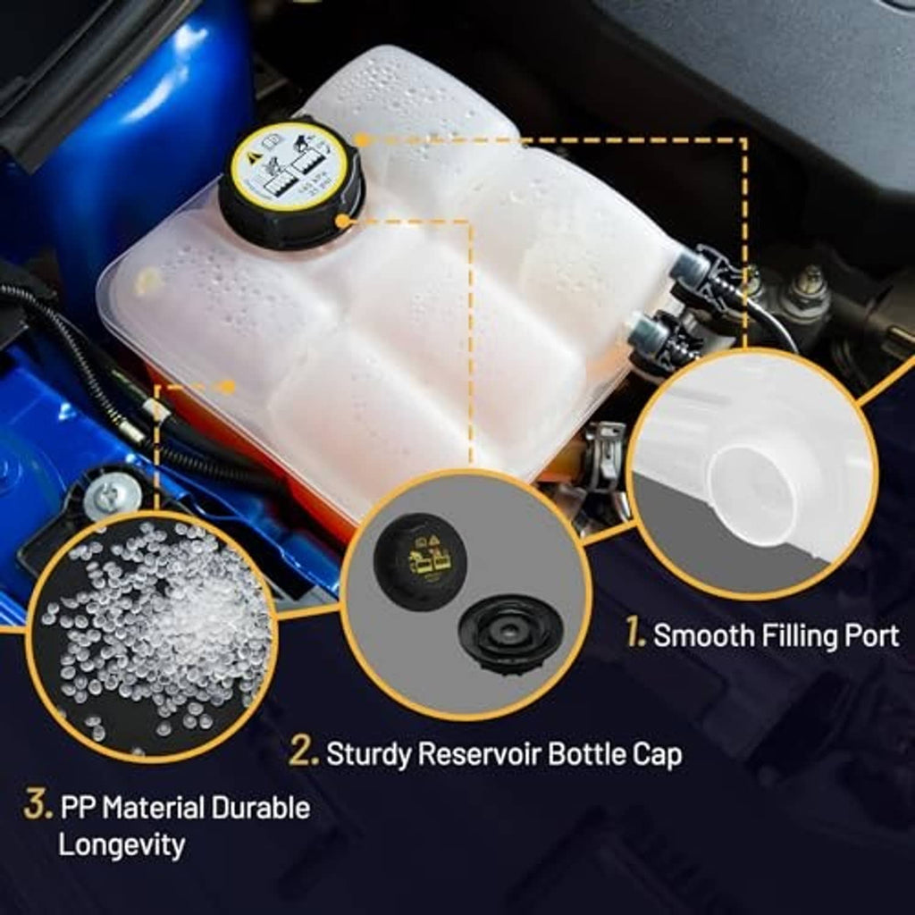 Coolant expansion reservoir overflow tank with black cap installed in engine bay