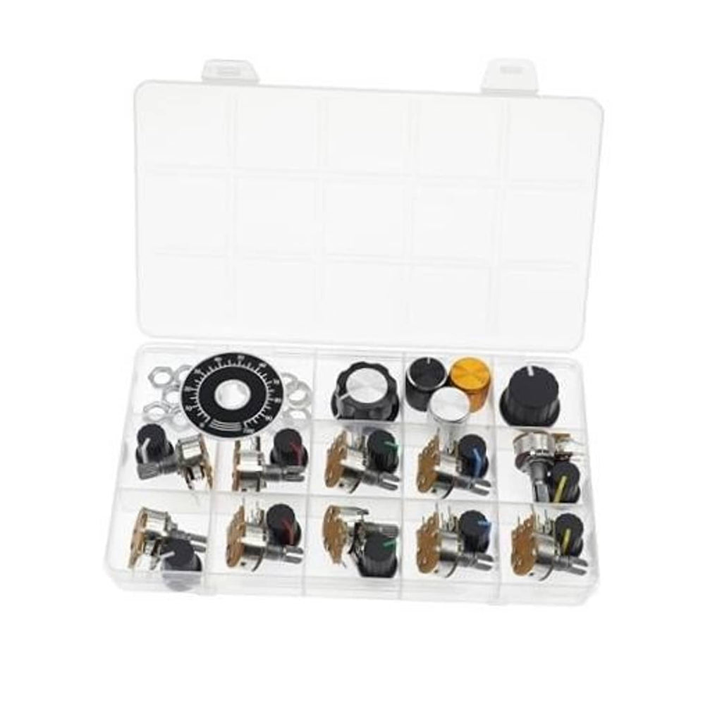 10k 5-pin horizontal single-turn potentiometer set in clear storage case with components