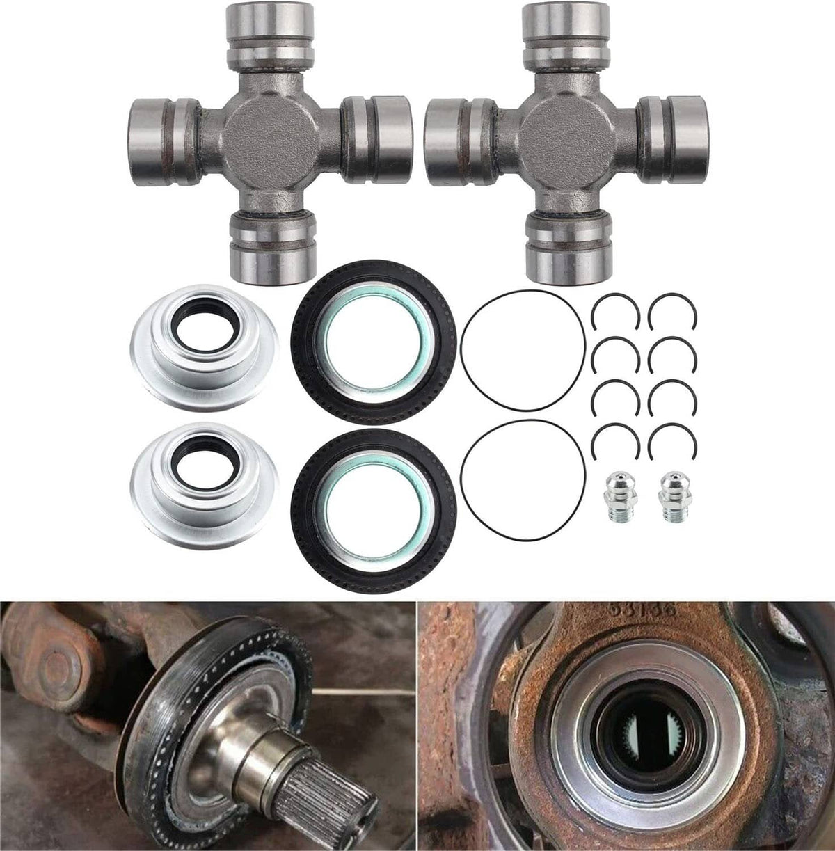 Greaseable U-joint kit assembly with cross joints, seal rings, and small retaining clips