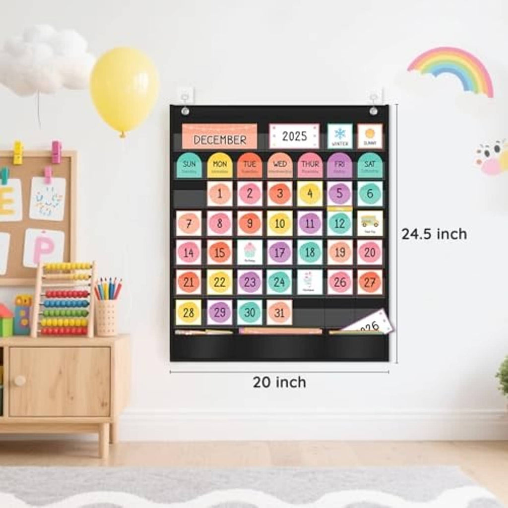 Wall calendar pocket chart with 20-inch frame and colorful month/date cards, black border