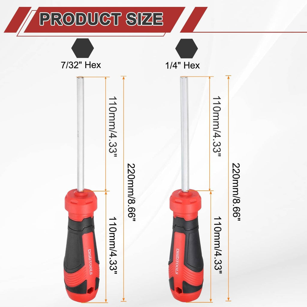 Hex screwdriver set with 7/32 and 1/4 hex tips, red handles, silver shafts