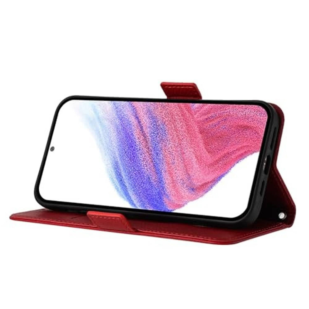 Red embossed floral folio phone case with kickstand for landscape viewing
