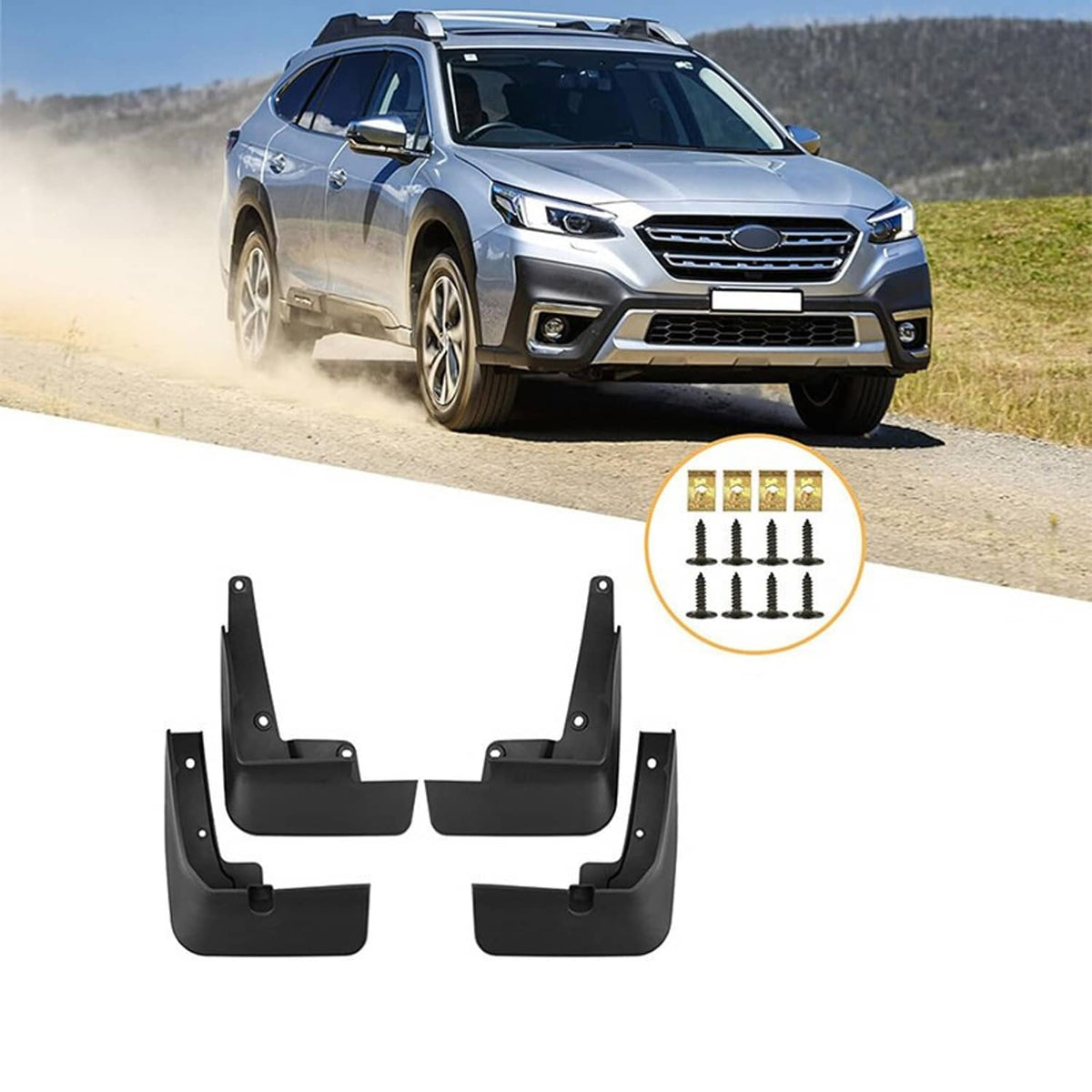 Black mud flap set shown with vehicle fit outline, 4-piece front and rear guards.