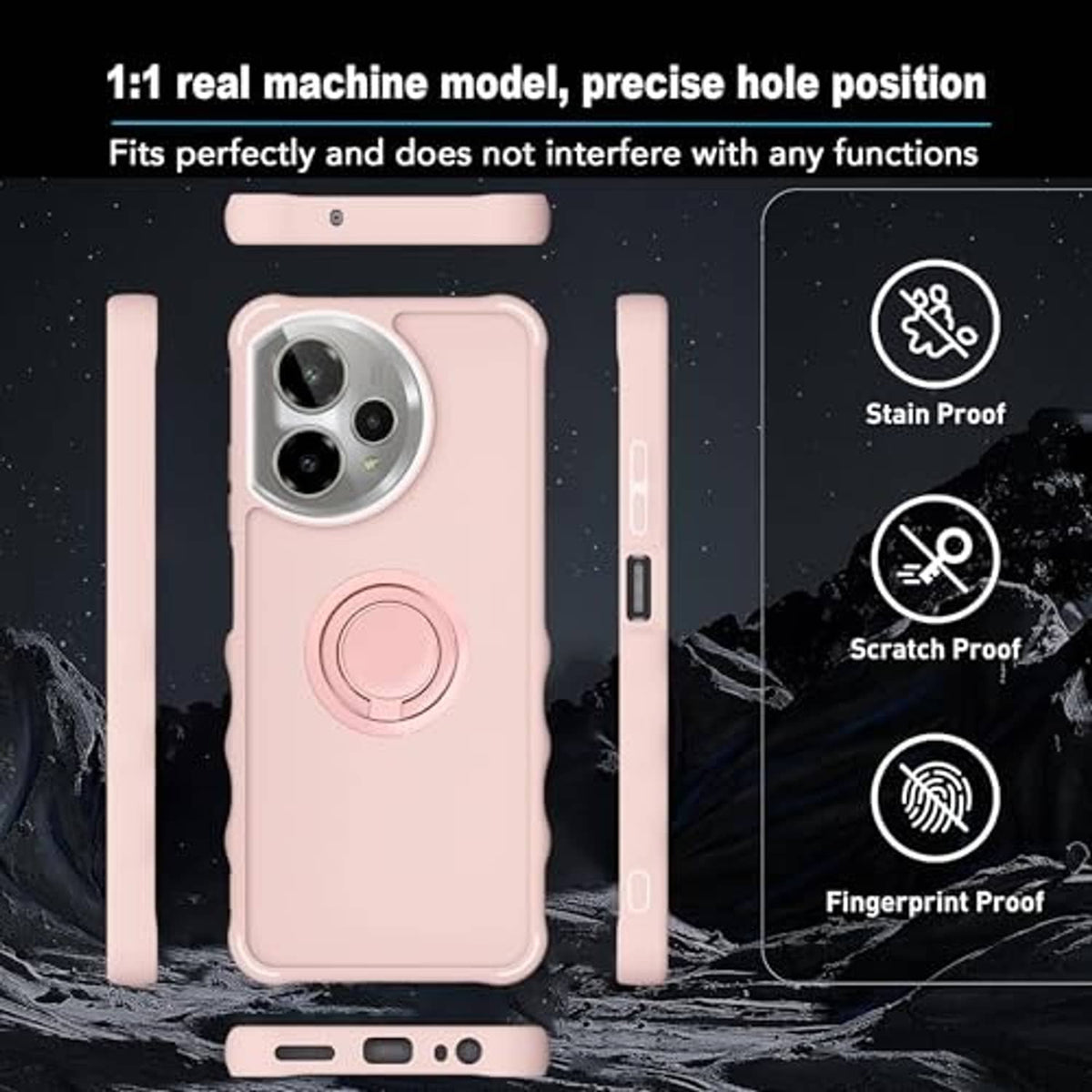 Pink phone case with raised edges around camera and kickstand, side buttons protected