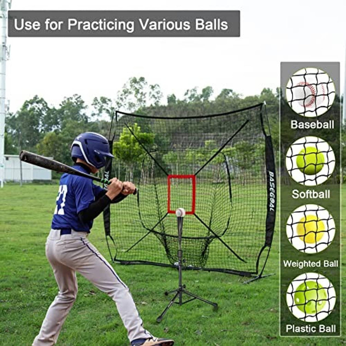 Baseball practice net with green mesh, red target box, and batting tee support post