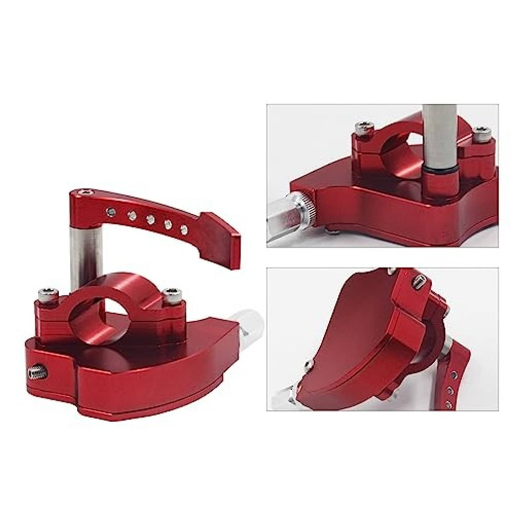 Red billet throttle thumb assembly with curved base, silver bolt heads, and bracket arm