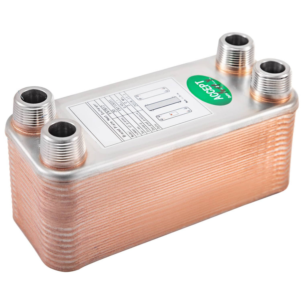 Brazed plate heat exchanger with silver header and three threaded MPT ports