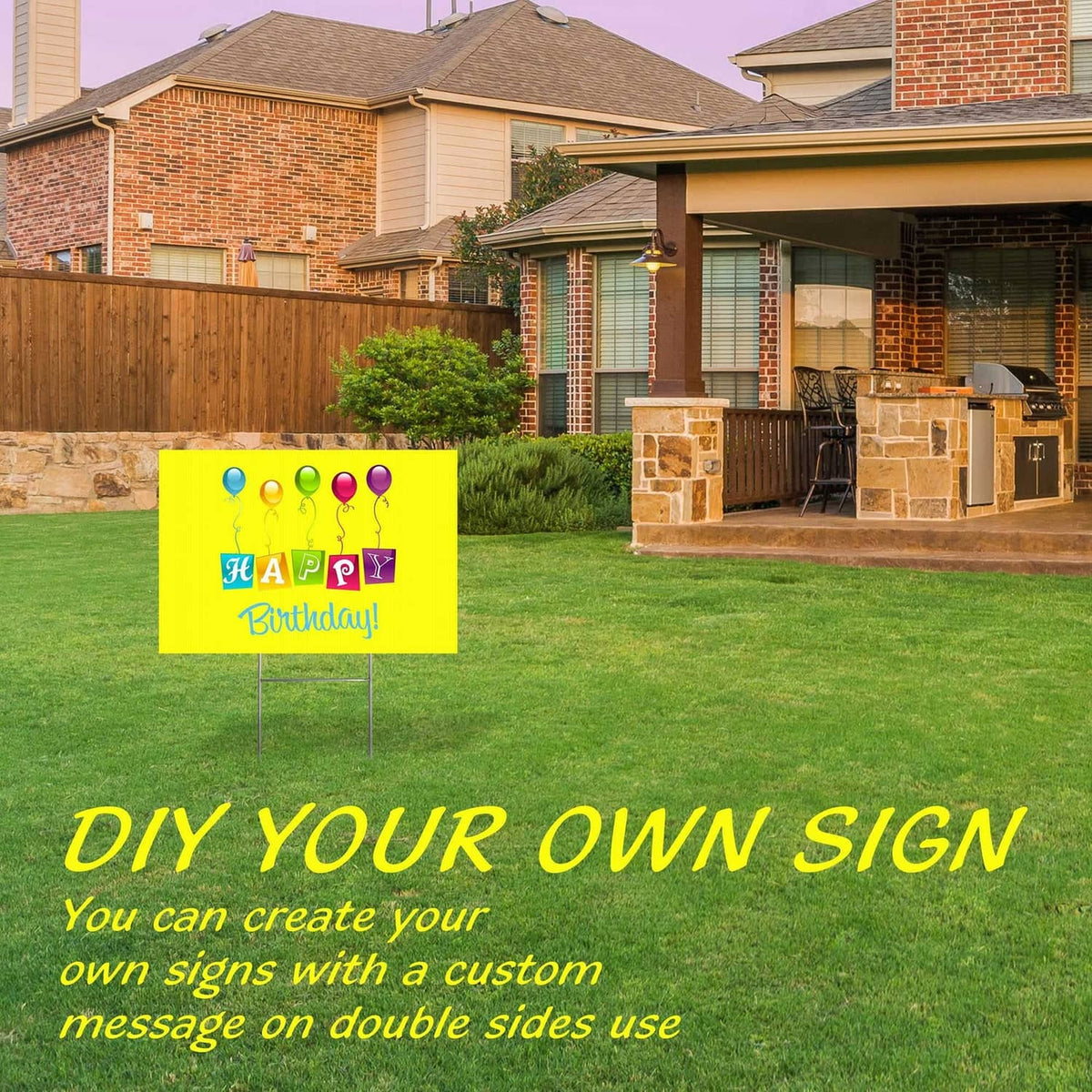 Yellow yard sign panel on stakes with DIY message on both sides (Happy Birthday)