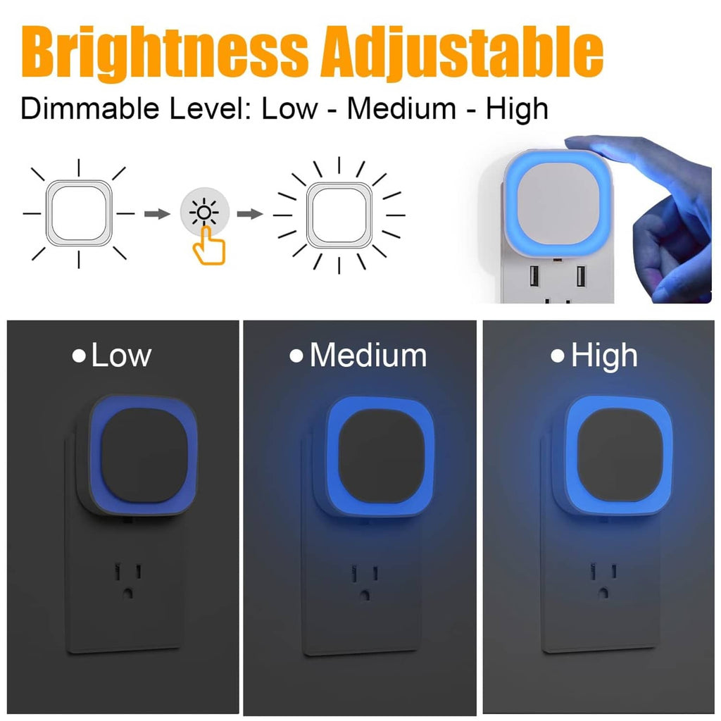 Dimmable plug-in night light with blue glow at low, medium, and high brightness levels