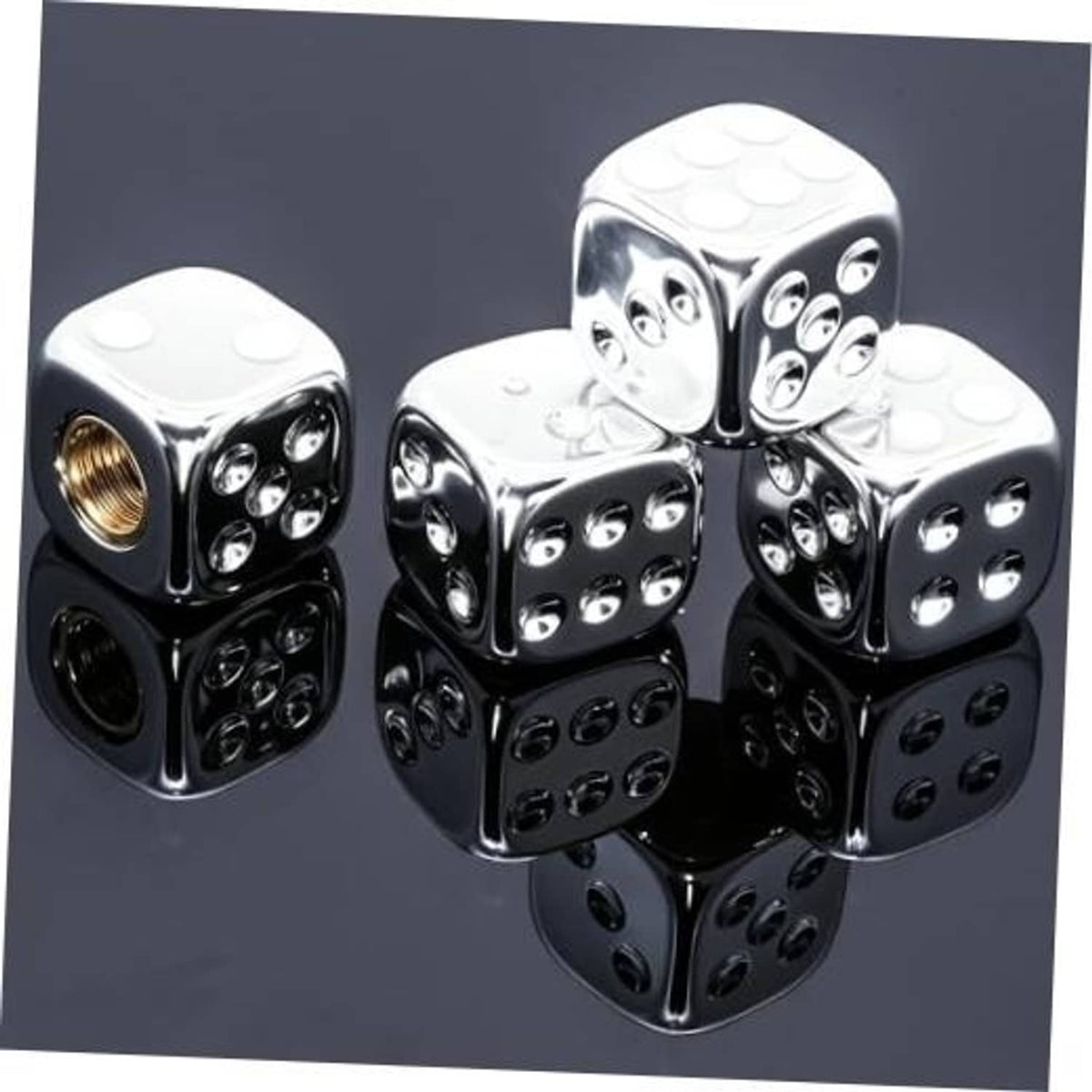 Silver chrome dice-shaped tire valve stem caps set, four pieces