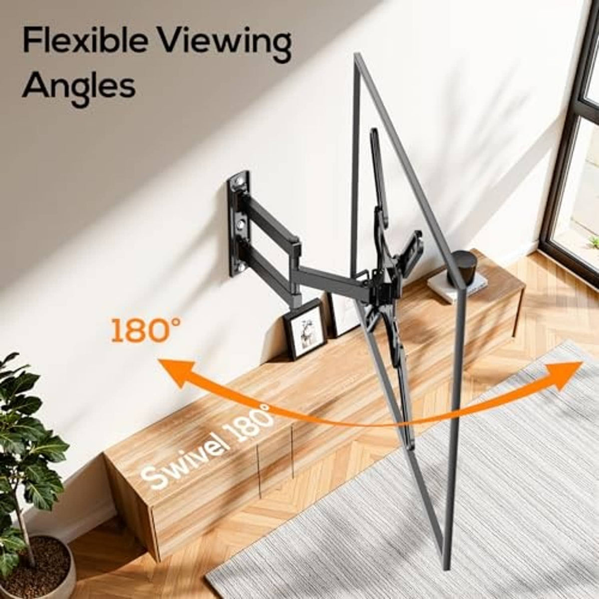 Black full-motion TV wall mount with extended swivel arms and wall bracket