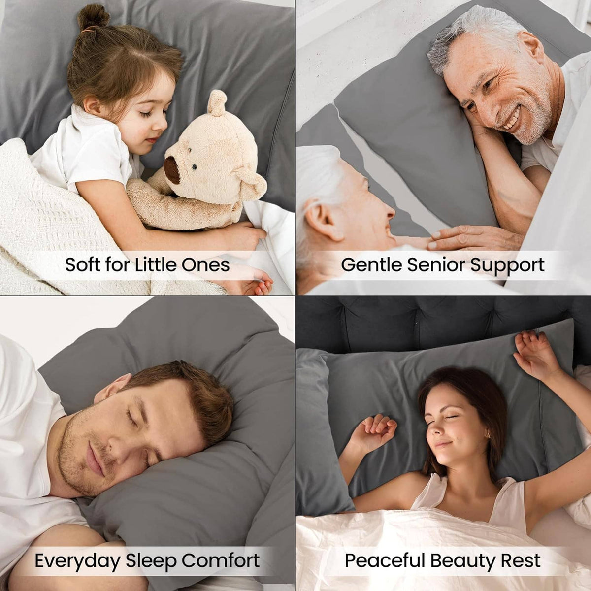 Gray pillow covers used on beds, set of 2 for everyday comfort.