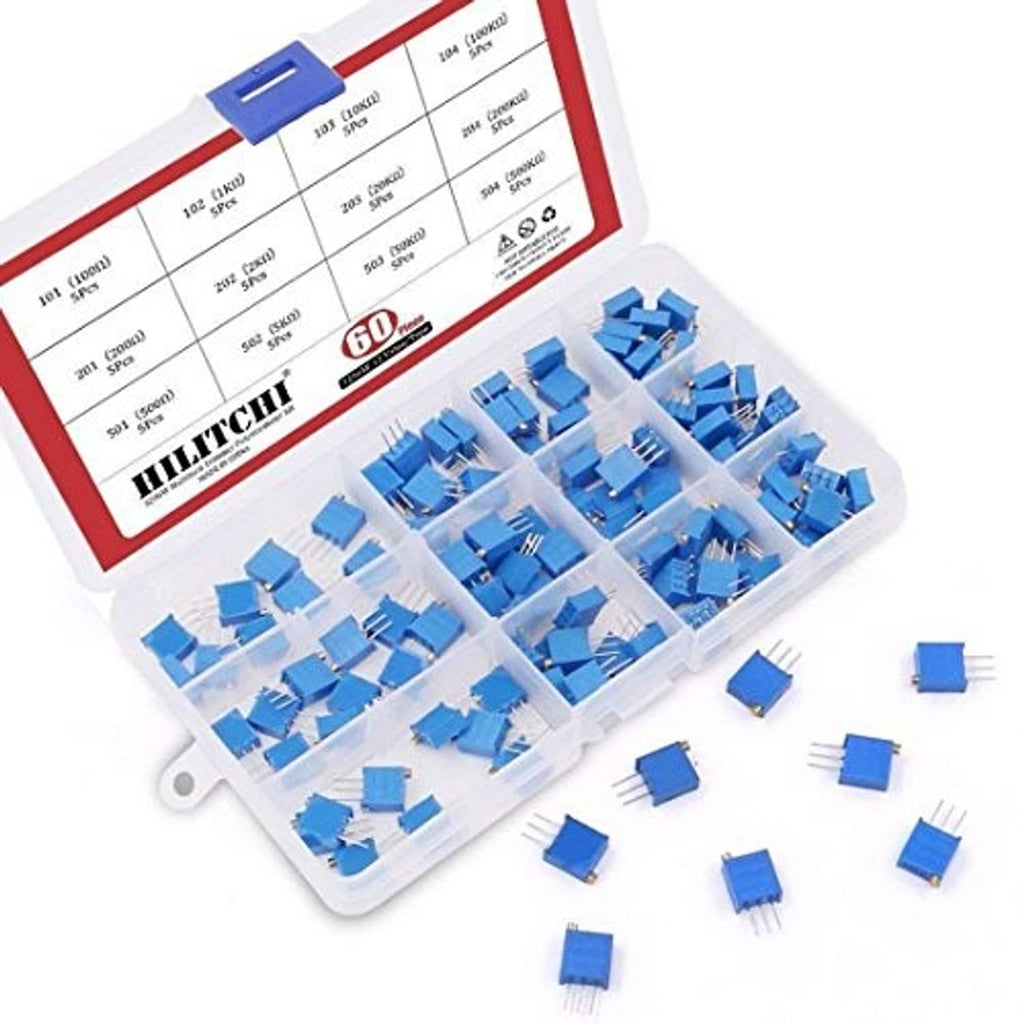 Multiturn trimmer potentiometers set with blue parts and three metal leads