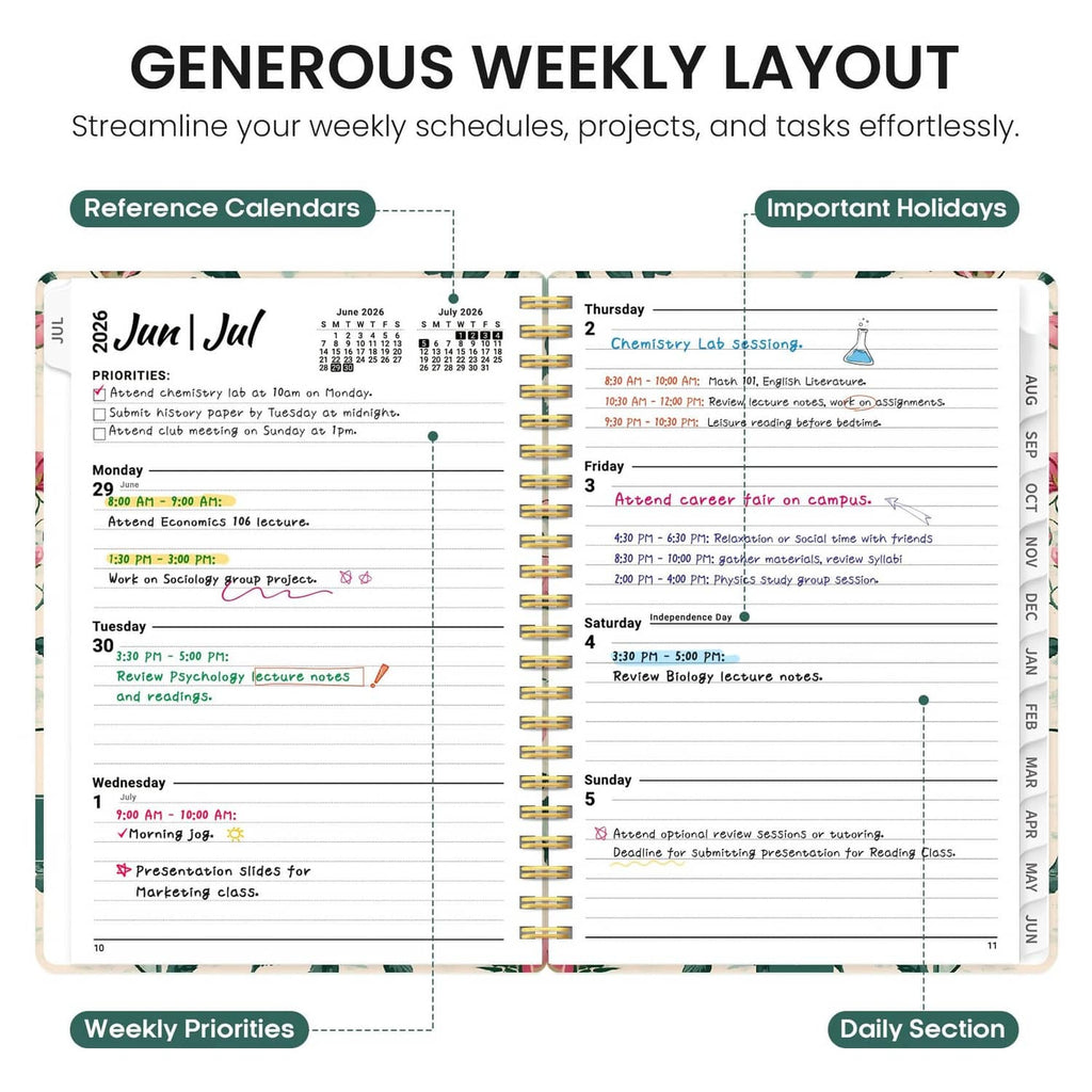 Weekly layout planner pages with priorities and daily sections