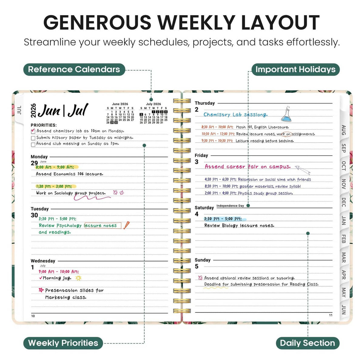 Weekly layout planner pages with priorities and daily sections