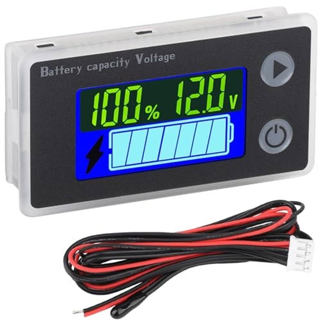 Digital battery voltage monitor showing 100% and 12.0V on LCD; includes black wiring