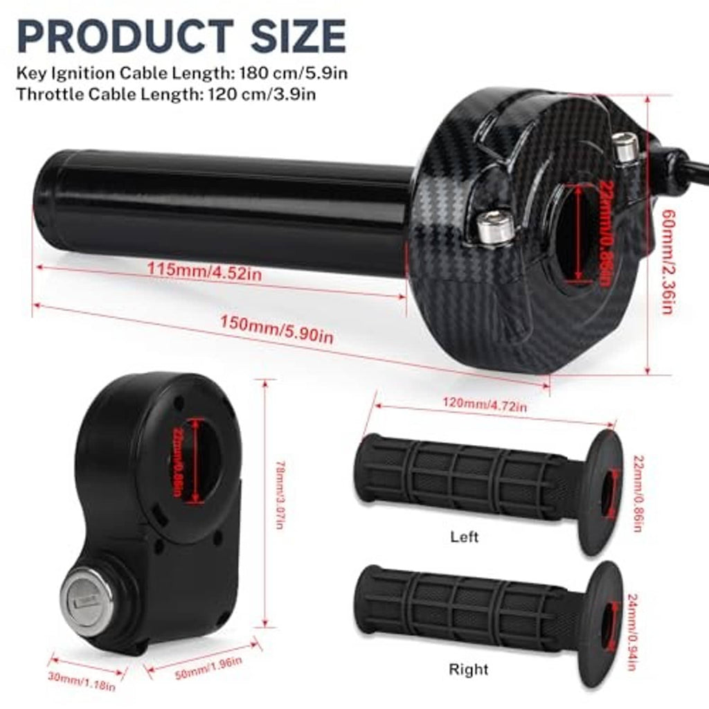 Throttle grip with key ignition and carbon-fiber sleeve, plus left/right grip caps