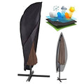Black cantilever patio umbrella cover draped over the frame, angled for easy fitting